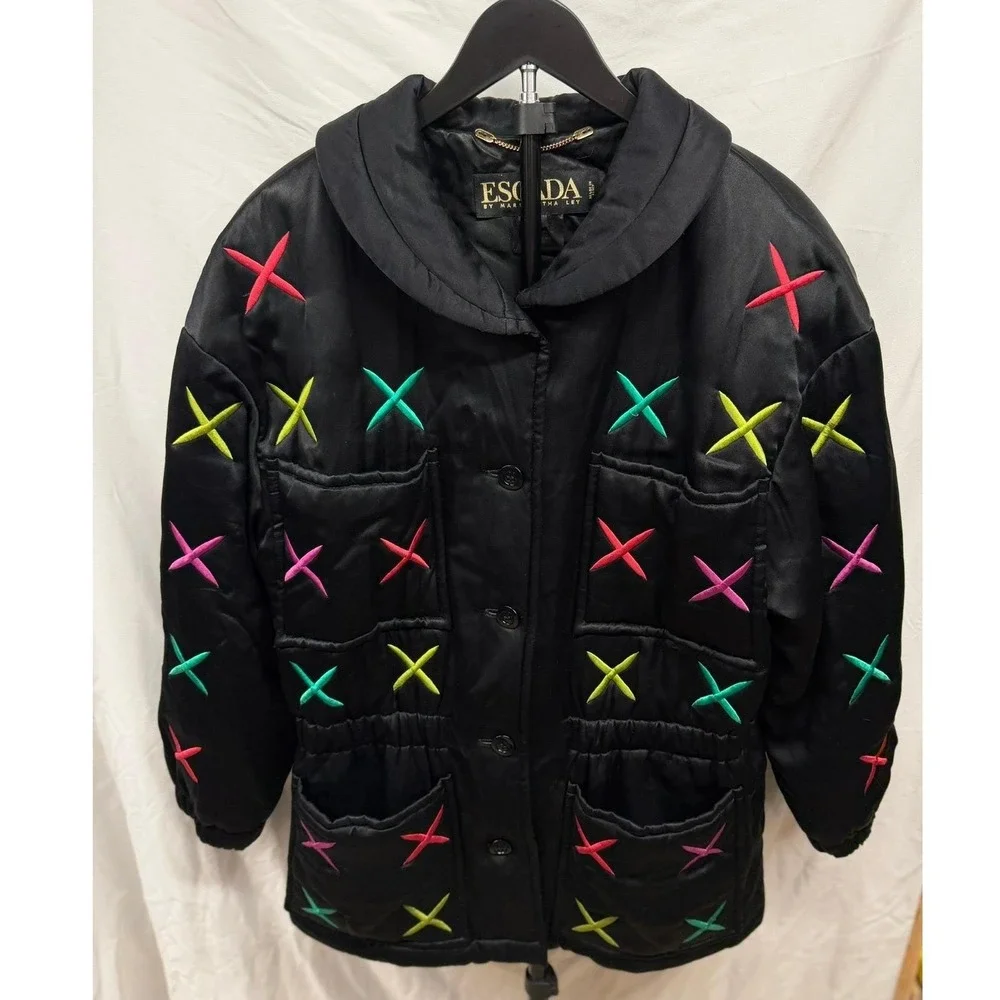 Vintage 80's Escada Women's‎ 100% Silk Retro Colorful Quilted Satin Puffer Coat - Picture 2 of 13